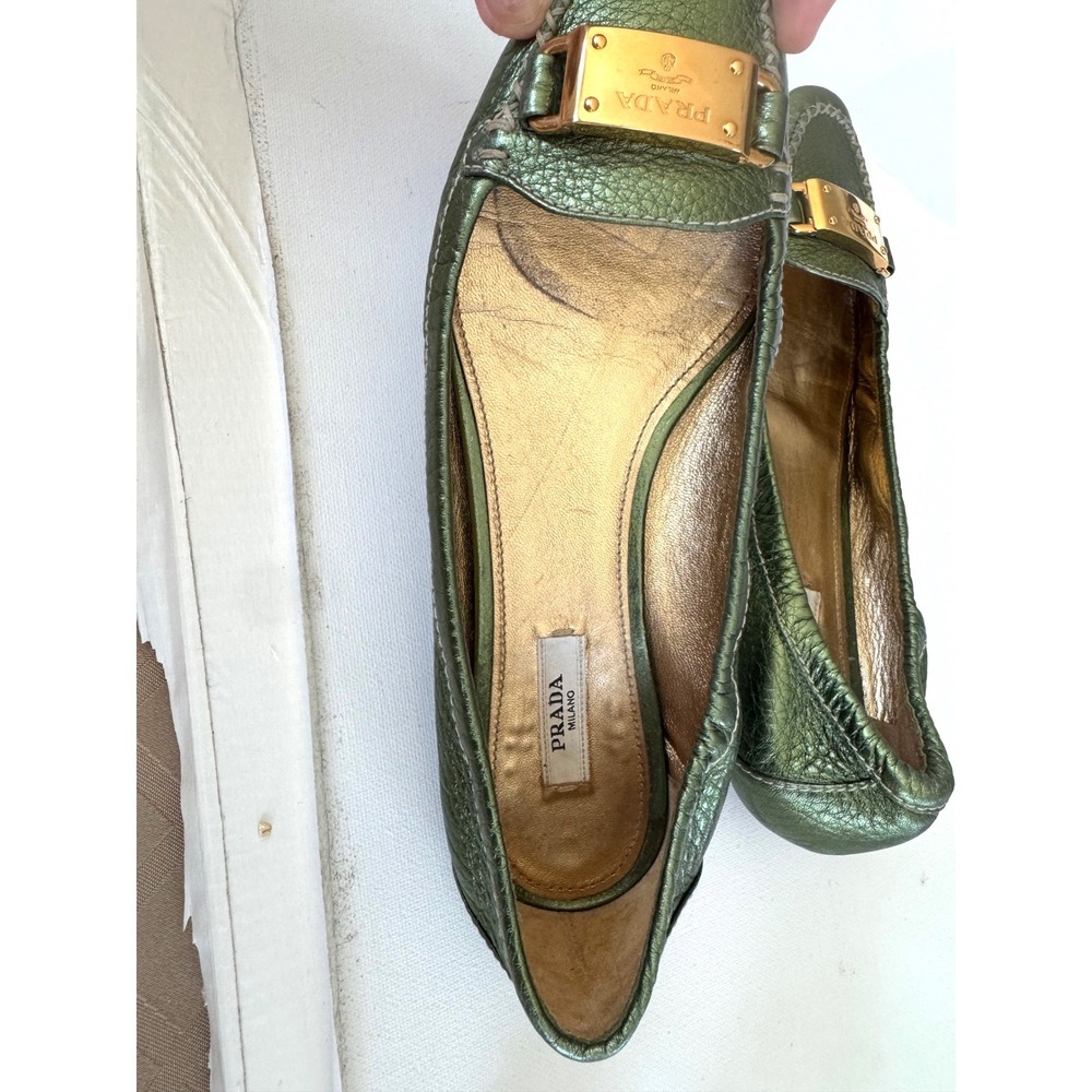 Prada Metallic Olive Leather Plaque‎ Loafers EU 36 Vintage Y2K Made Italy - Picture 12 of 15